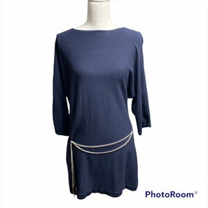 Chaps dark blue dress with silver chain belt sIze L Dolman sleeves